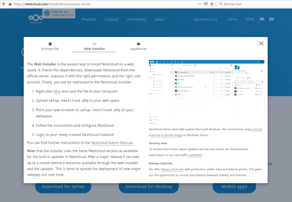 Téléchargement du script d'installation du serveur Nextcloud