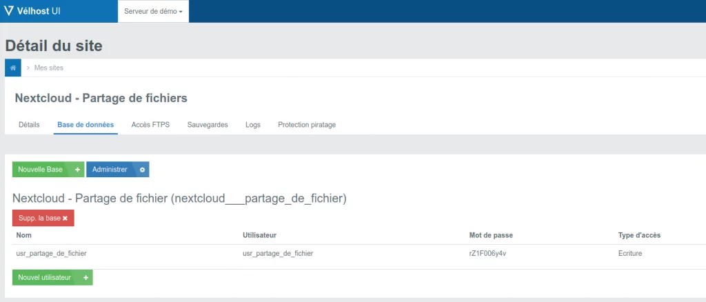 Information de connexion à la base de données du site Internet