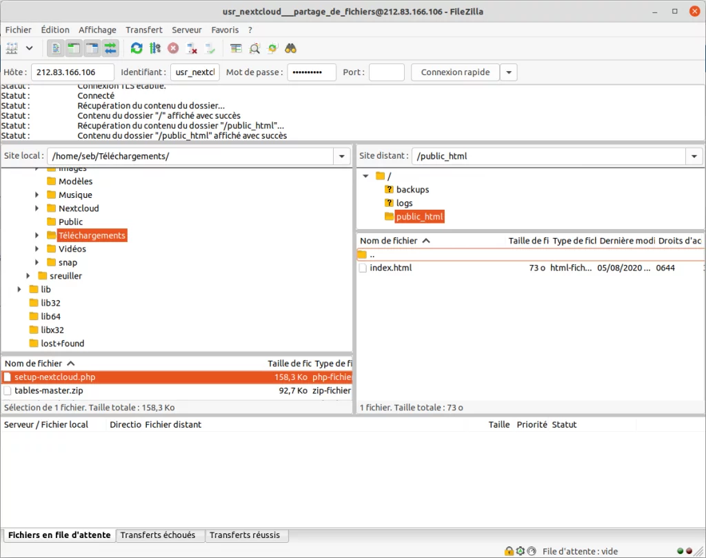 Transfert de fichiers vers le FTP avec Filezilla