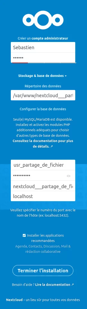 Fin de l'installation Nextcloud